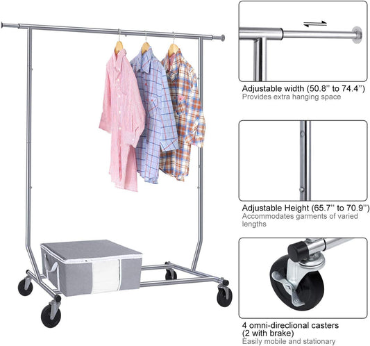 Clothing Garment Rack Capacity 300 lbs Heavy Duty Adjustable Rolling Moveable Commercial Grade Steel Extendable hanging drying High Chrome With Brake Metal Shelf on with Wheels for Boxes BG384