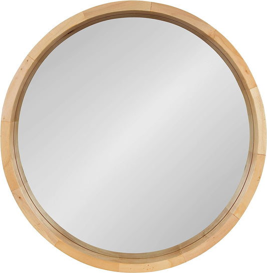 Round Decorative Modern Wood Frame Wall Mirror, 22 Inch Diameter, Natural Finish