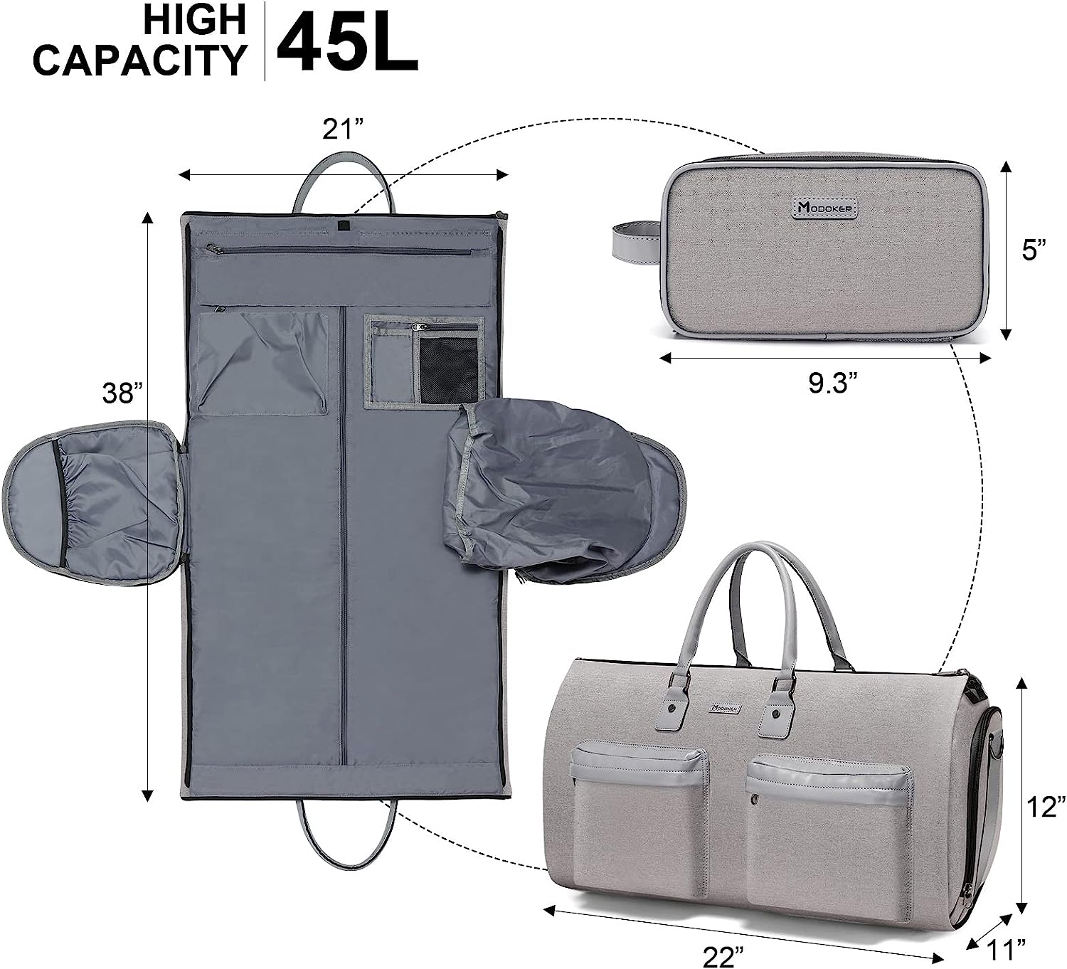 Convertible Garment Bag with Toiletry Bag, Carry on Garment Duffel Bag for Men Women - 2 in 1 Hanging Suitcase Suit Travel Bags, Light Grey