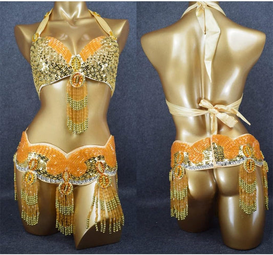 Belly Dance Competiton Costume for Women Belly Dance Performance Clothes 2pcs Set(Bra+Belt) (Color : Orange, Size : One Size)