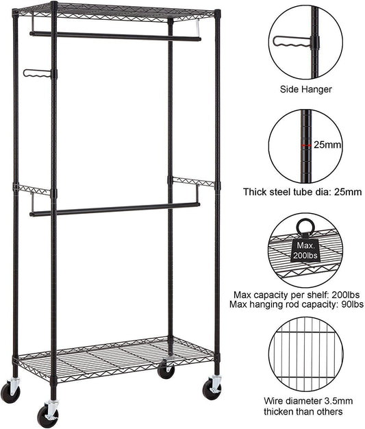 Heavy Duty Rolling Garment Rack Clothes Rack with Double Hanger Rods and Shelves, Portable Closet Organizer with Wheels, 1'' Diameter Thicken Steel Tube Hold Up to 300Lbs, Black