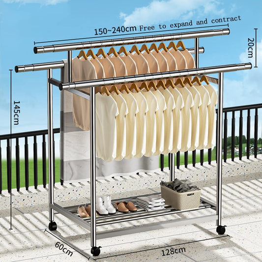 Clothing Garment Rack, Extendable Clothes Rack, Heavy Duty Clothing Rack, Rolling Clothes Organizer on Wheels, for Laundry, Bathroom, Balcony