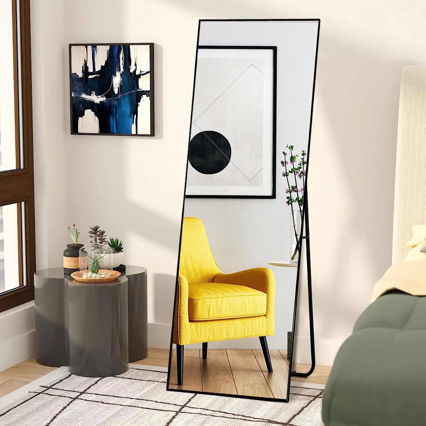 Full Length Mirror, 55"x16" Full Body Mirror with Stand Floor Mirror Full Length Standing Mirror Wall-Mounted Mirror Hanging or Leaning Against Wall Aluminum Alloy Thin Frame (Black)