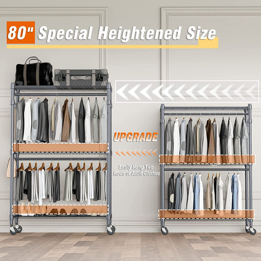 3 Shelves Wire Shelving Clothing Rolling Rack Heavy Duty Commercial Grade Garment Rack with Wheels and Side Hooks (One Pair Hook and Two Hanging Rods Gray)