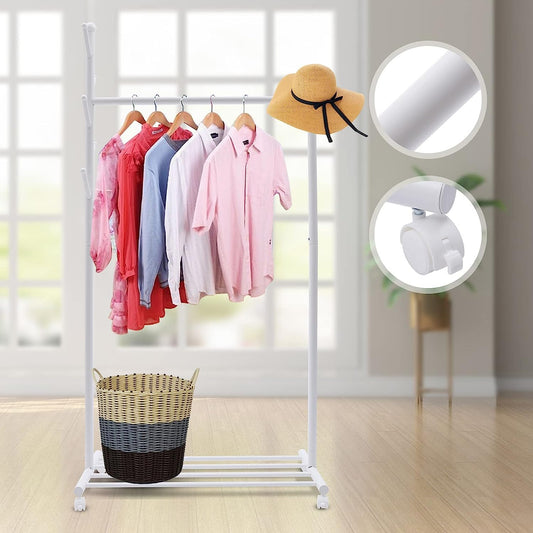 3-in-1 Hanger, Rolling Hanger with Top Bar Freestanding Hanger, Lower Storage and 5 Hooks, Lockable Wheels, Rolling Hanger for Hanging Clothes in Laundry Room, Bedroom, Bathroom and More