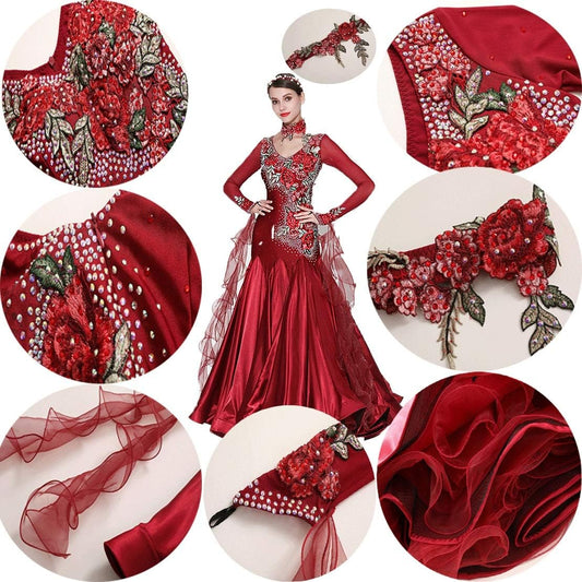 Sweetheart V Neck Red Dress Embroidered Fishbone Swing Tail Dress National Standard Dance Costume Costumes
