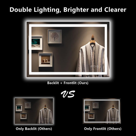 LED Bathroom Mirror 48x32 Inch Front and Backlit Lighted Vanity Mirror for Bathroom Wall Mounted with 3 Color Light Dimmable Anti-Fog Memory Shatter-Proof IP54 Waterproof Horizontal/Vertical