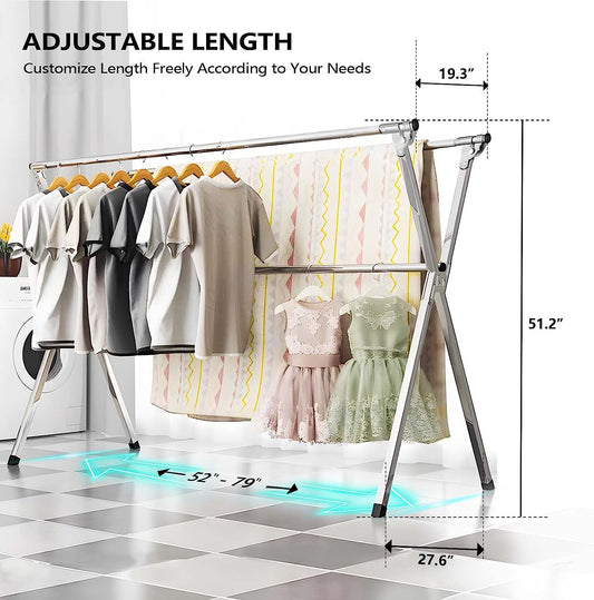 79 Inches Stainless Steel Clothes Drying Rack, Heavy Duty Laundry Drying Rack Folding Indoor Outdoor, Portable Drying Rack Clothing, Free-Standing Laundry Stand with 20 Windproof Hooks