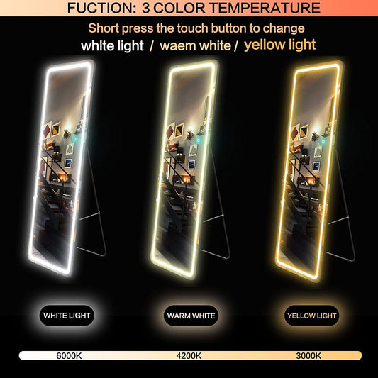 63"x20" Full Length Floor Mirror Dimming Lights Bedroom Tall Full-Size Body Mirror Lighted Mirror, Free Standing Mirror, Wall Mounted Hanging Mirror, Dressing Mirror Touch Control Black(20")