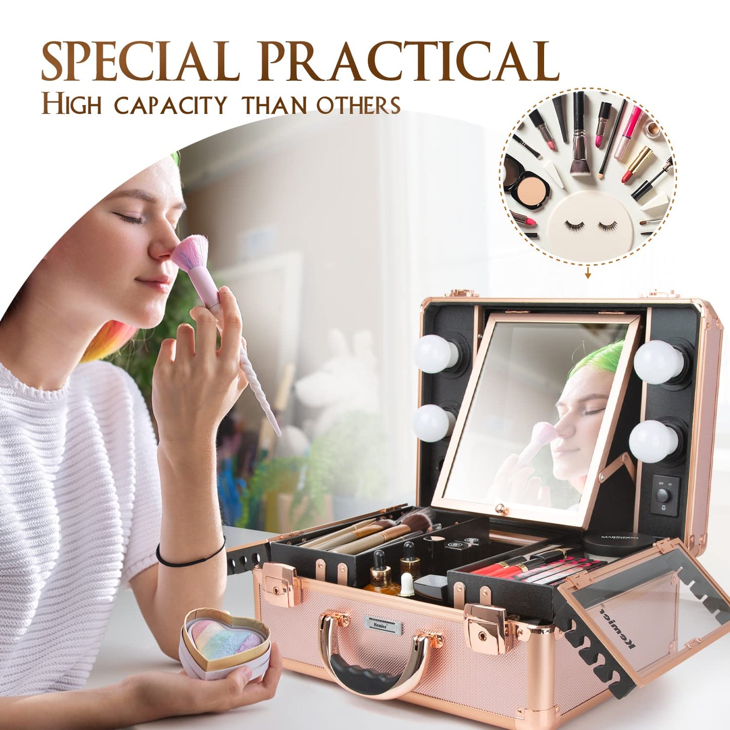 Makeup Train Case - Cosmetic Organizer Box Makeup Case with Lights and Mirror/Makeup Case with Customized Dividers/Large Makeup Artist Organizer Kit (Rose Gold)