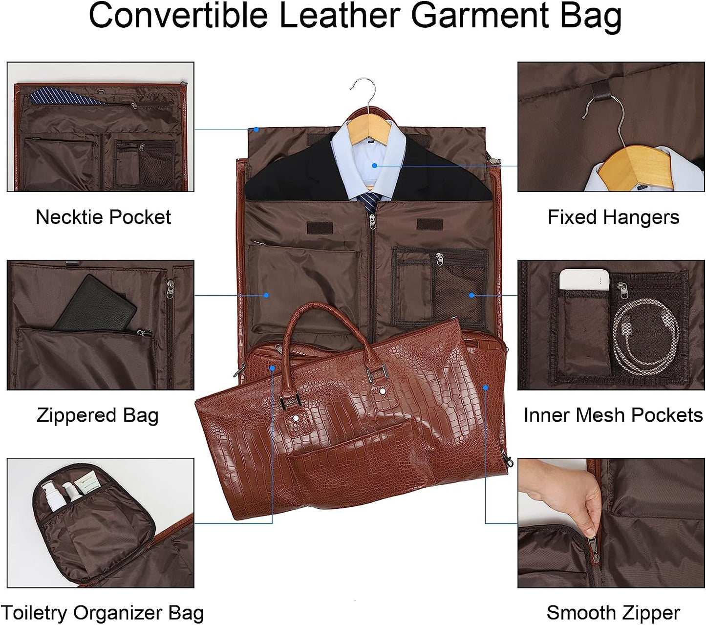 Convertible Leather Garment Bag, Carry on Garment Bags for Travel Waterproof Garment Duffel Bag Gifts for Men Women Business - 2 in 1 Hanging Suitcase Suit Travel Bags in Light Brown