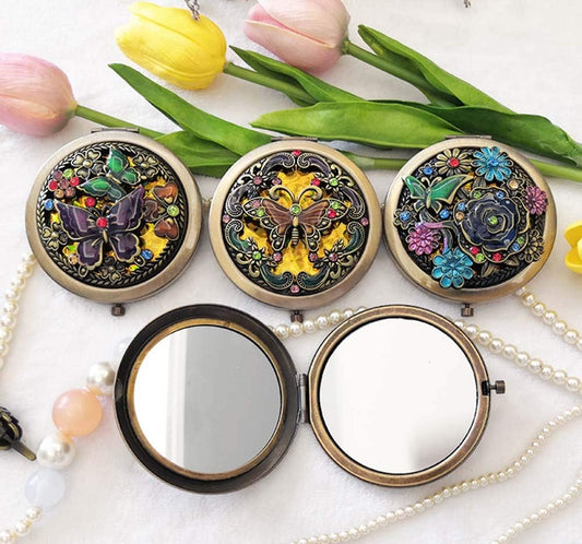 Portable Pocket Makeup Mirror,Pocket Mirror,Portable Foldable Compact Makeup Mirror,Vintage Round Pocket Mirror Compact Handbag Mirror Mini Purse Makeup Mirror, A-6
