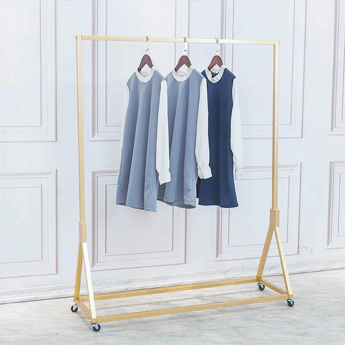Modern Simple Heavy Duty Metal Rolling Garment Rack with Wheel,Retail Display Clothing Rack, Single Rod Floor-Standing Hangers Clothes Shelves (Gold Square Tube A, 59 L)