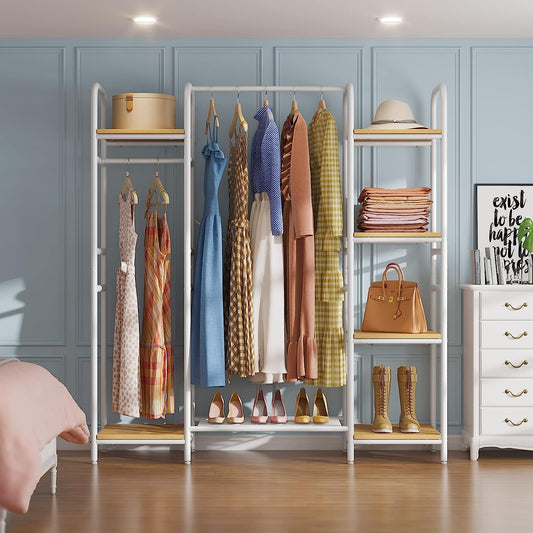 P9 Clothes Rack with Shelves Portable Freestanding Clothing Rack for Hanging Clothes, Heavy Duty Garment Rack with 6 Wood Shelves & 2 Hanging Rod Sturdy Metal Storage Wardrobe for Bedroom White