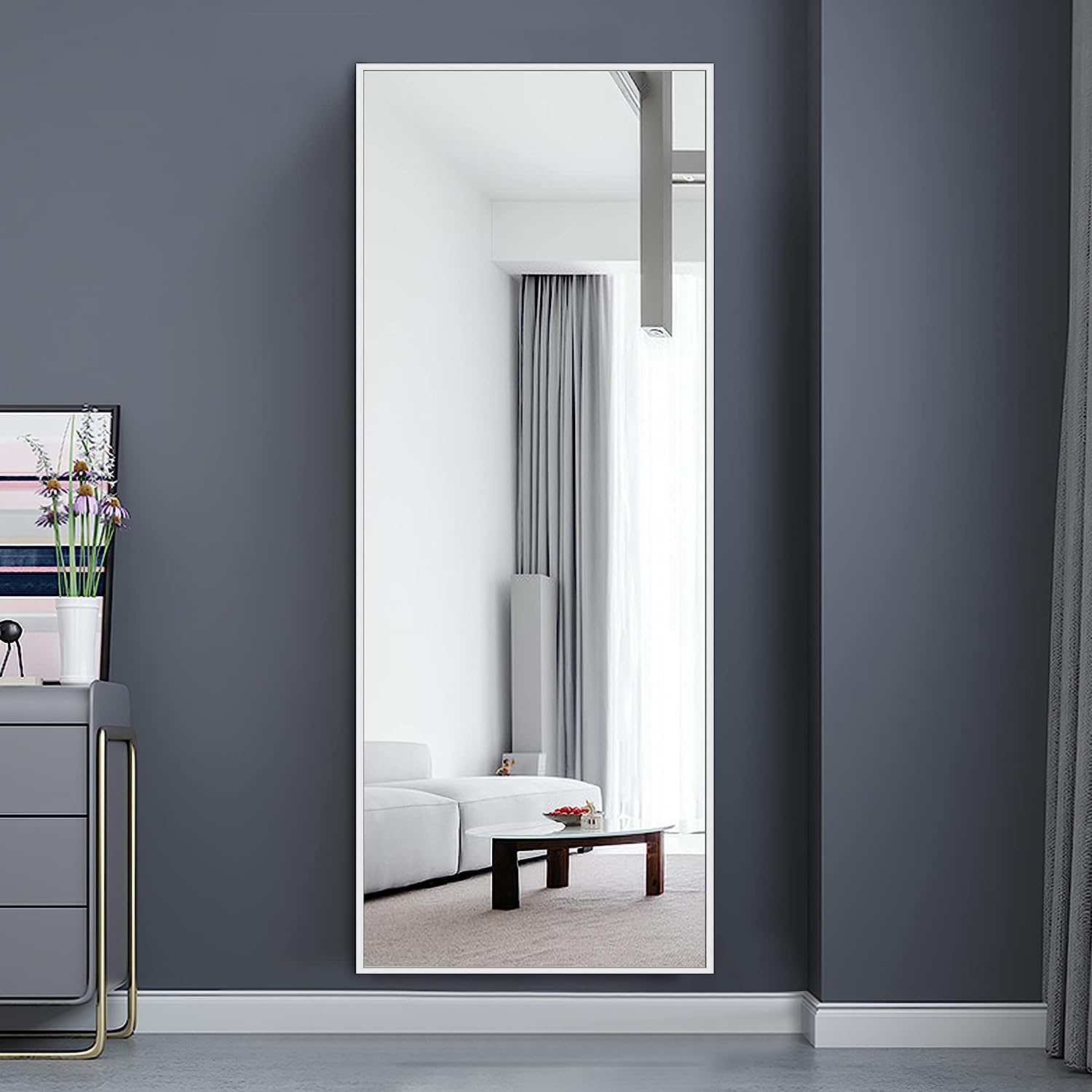 Full Length Mirror, 55"x20" Full Body Mirror with Stand Floor Mirror Full Length Standing Mirror Wall-Mounted Mirror Hanging or Leaning Against Wall Aluminum Alloy Thin Frame (White)