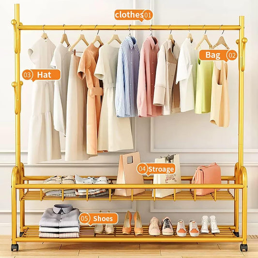 Rolling Garment Rack for Hanging Clothes Free Standing Metal Clothing Rack with 2-Tier Shelves and 6 Side Hooks for Bedroom (Color : Green, Size : 100x32x165cm)