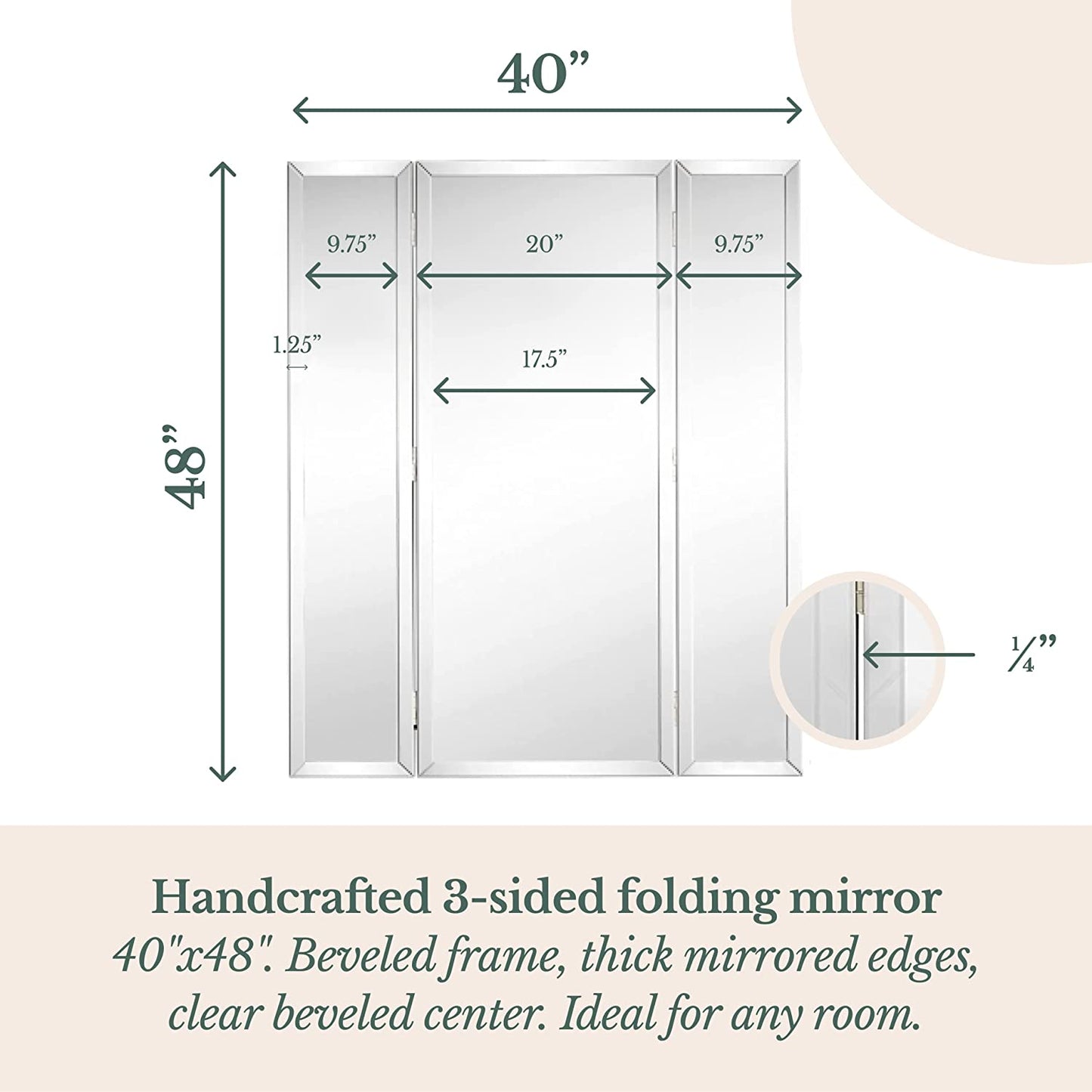 40x40 inch Silver Mirror | Full Length Framed Beveled Edges 3 Way Mirror Hangable on Wall | Folding Tall Makeup Mirror with Hinges | Table Top, Dressing & Bathroom Vanity Mirror