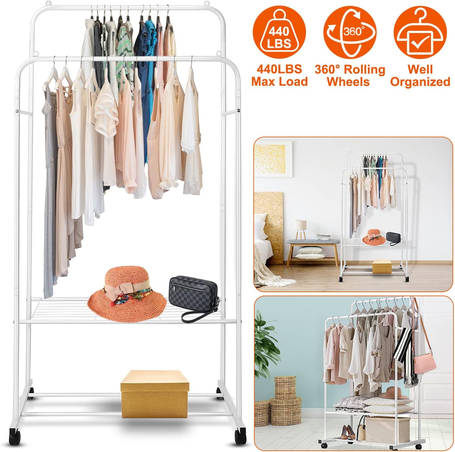 Garment Rack,42'' Freestanding Clothes Rack Shoe Clothing Organizer Shelves,Multifunctional Clothes Wardrobe with 4 Hooks & 2 Hanging Rods,Coated Iron Frame,Easy Assembly,Max Load 350lbs