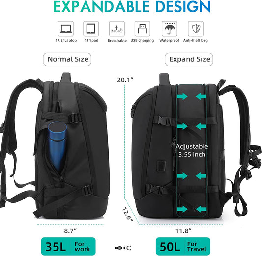 Travel Carry on Backpack 50L Expandable Flight Approved Backpacks 17.3 inch Laptop and USB Charging Port bags Water Resistant Business Back Pack for Women & Men…