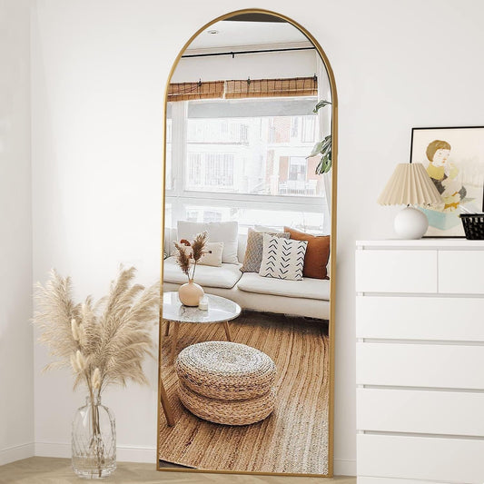 Arched Full Length Mirror, 65"*22", Large Floor Mirror with Stand, Full Body Mirror Standing Mirror for Leaning or Hanging Bedroom, Living Room,Dressing Room, Aluminum Alloy Frame, Gold