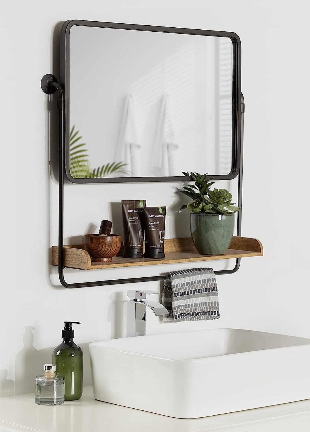 Farmhouse Rectangle Mirror with Shelf, 27 x 7 x 26, Rustic Brown and Black, Modern Wall Mirror with Functional Wood Storage
