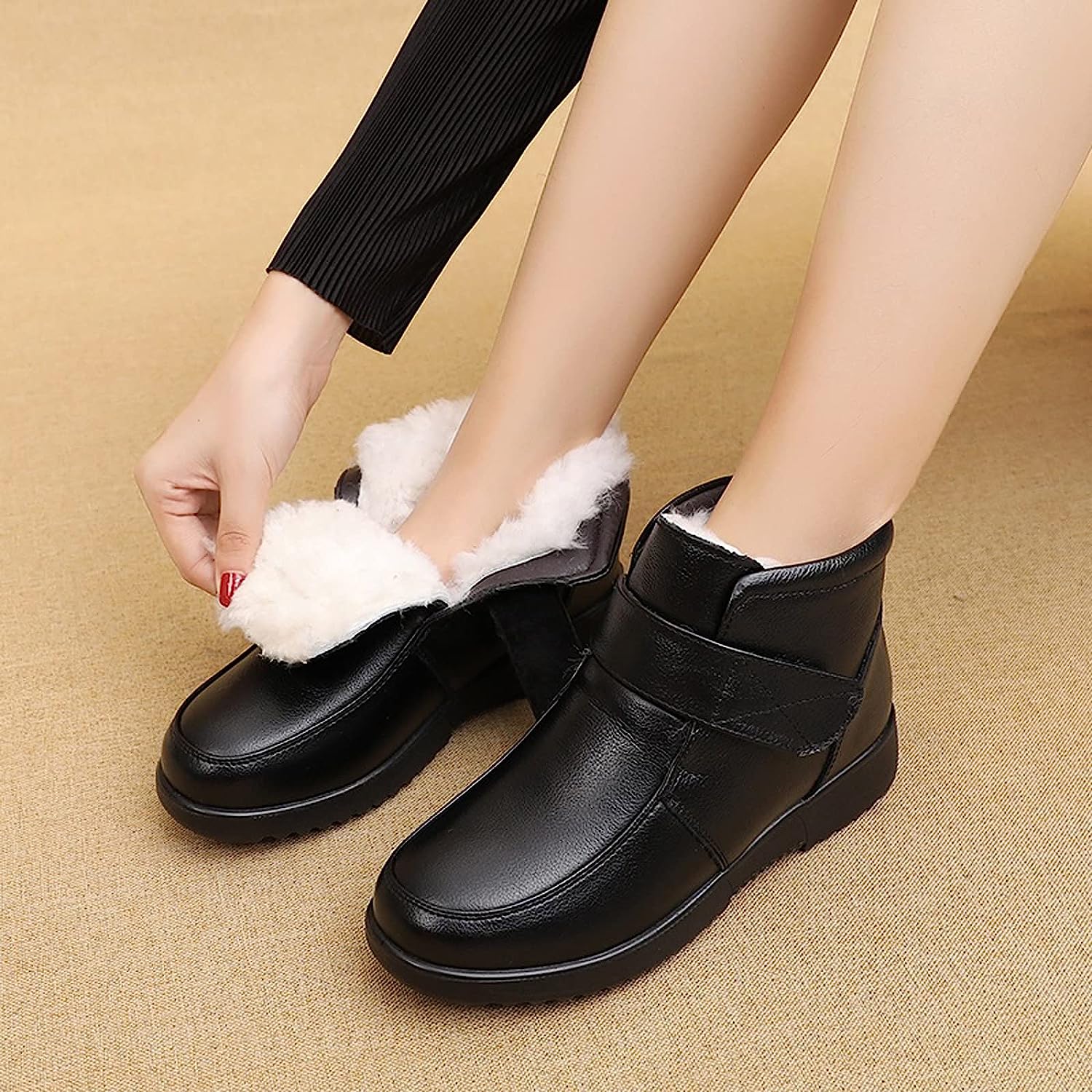 Women's Boots, Fashion Winter Women Genuine Leather Ankle Boots Female Thick Wool Warm Snow Boots Mother Waterproof Non-Slip Booties