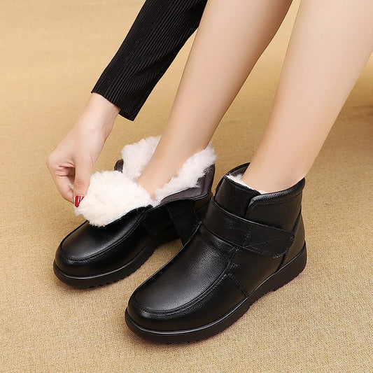 Women's Boots, Fashion Winter Women Genuine Leather Ankle Boots Female Thick Wool Warm Snow Boots Mother Waterproof Non-Slip Booties