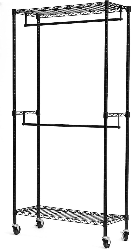Adjustable, Double Hanging Rod Garment Rolling Closet Organizer Rack, Black, 36'' x 14'' x 72''