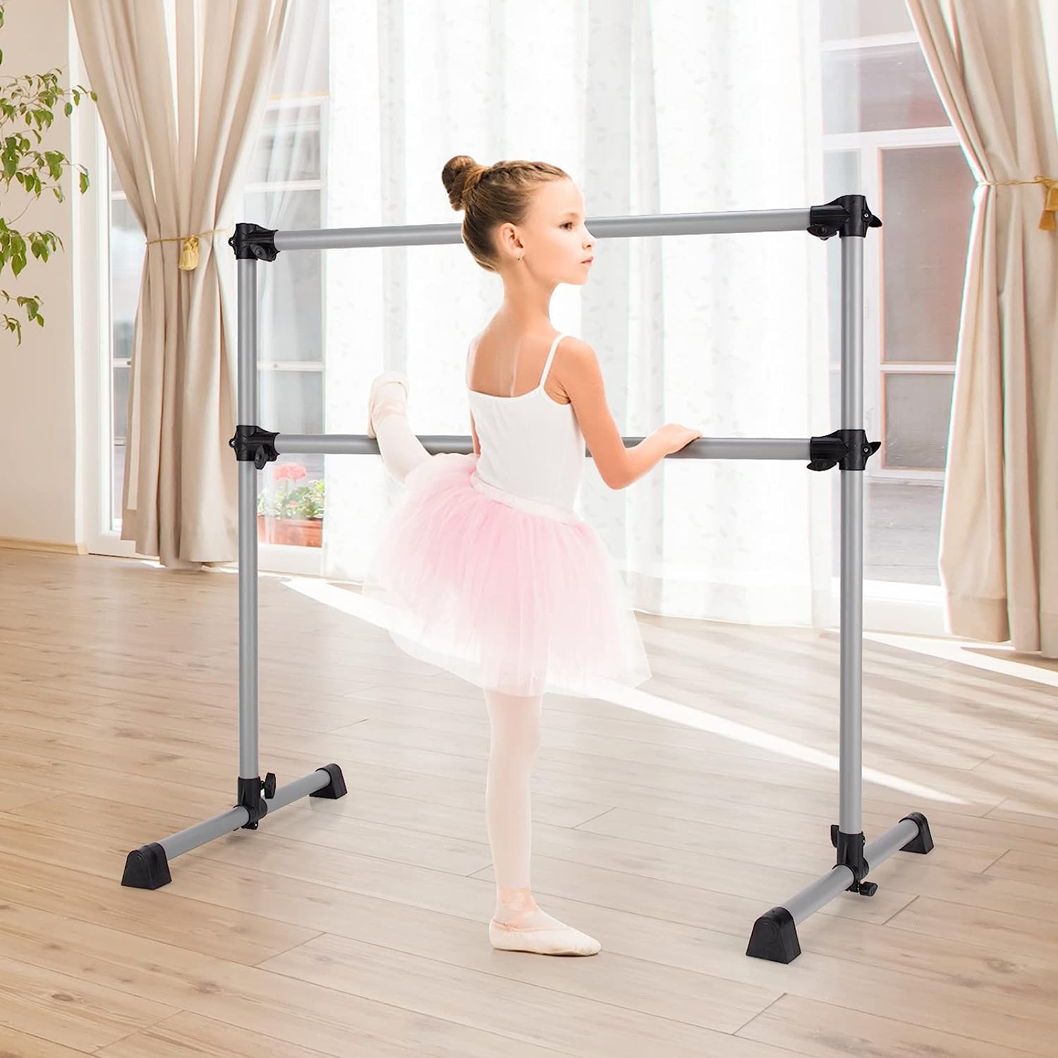 4FT Ballet Barre Portable, Freestanding Double Ballet Barre Height Adjustable with Anti Slip Base, Heavy Duty Stretch Dance Bar for Home Workout