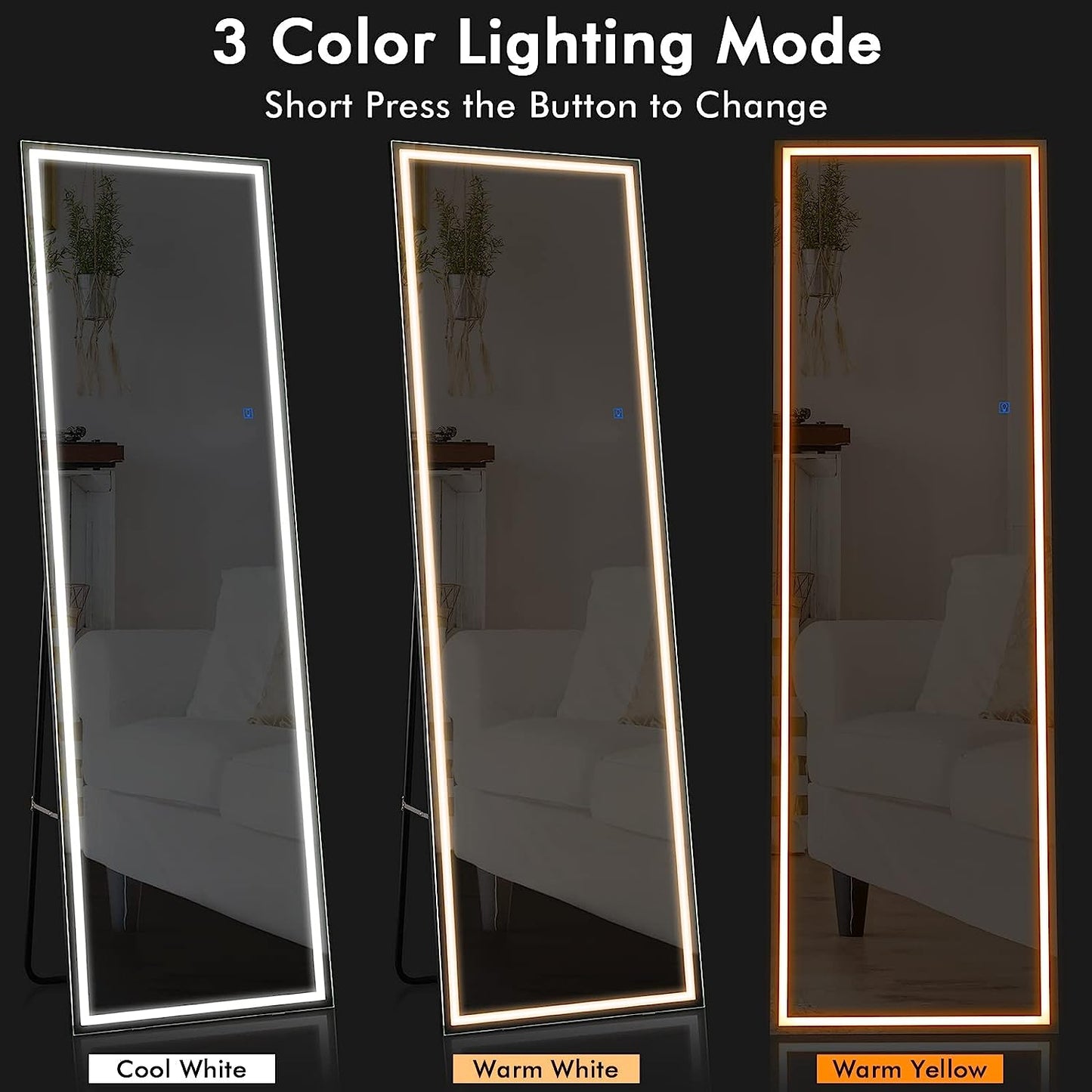 63"x20" Full Length Mirror with LED Lights, Free Standing Lighted Floor Mirror, Wall Mounted Hanging Mirror with Lights, Full Body Mirror for Bedroom with Dimming Lights & 3 Color Modes (Black)