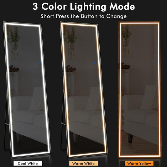 63"x20" Full Length Mirror with LED Lights, Free Standing Lighted Floor Mirror, Wall Mounted Hanging Mirror with Lights, Full Body Mirror for Bedroom with Dimming Lights & 3 Color Modes (Black)