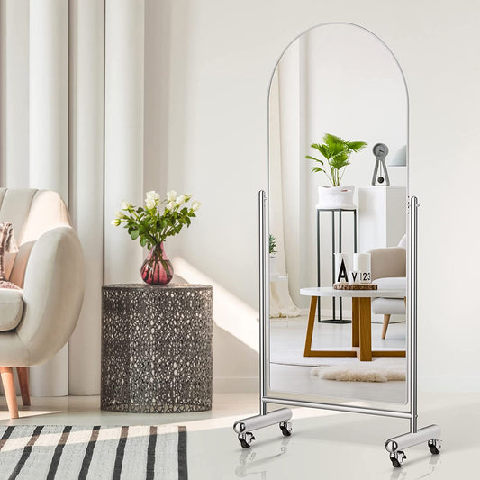 Full Length Mirror with Rolling Wheels, 65"x23" Sleek Arched Standing Mirror Floor Mirror, Large Tilting Swivel Mirror with Stainless Steel Stands, Modern Dressing Mirror Full Body Mirror