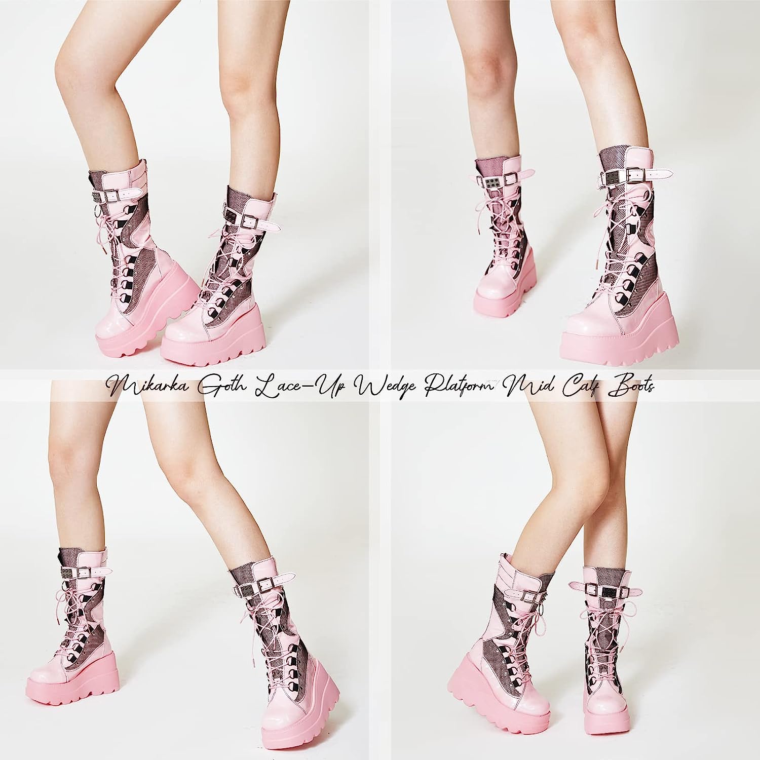 Womens Holographic Platform Mid Calf Combat Boots Lace Up Wedge Heel Studded Goth Knee High Boots