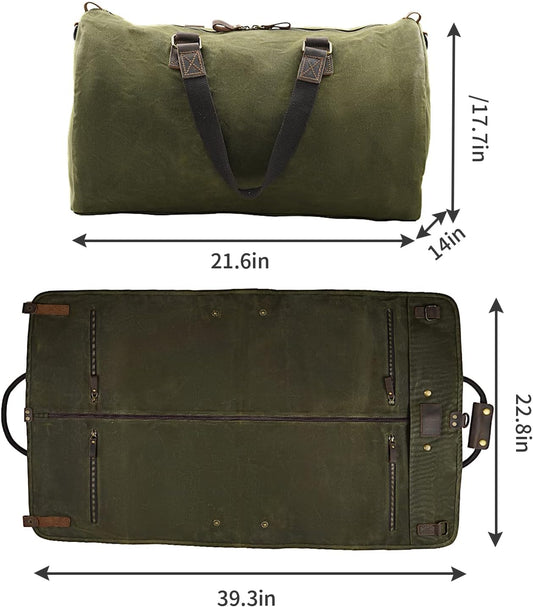 2 in 1 Canvas Leather Suit Luggage Garment Bag with Shoulder Strap for Travel and Business Trips (Waxed Army Green)