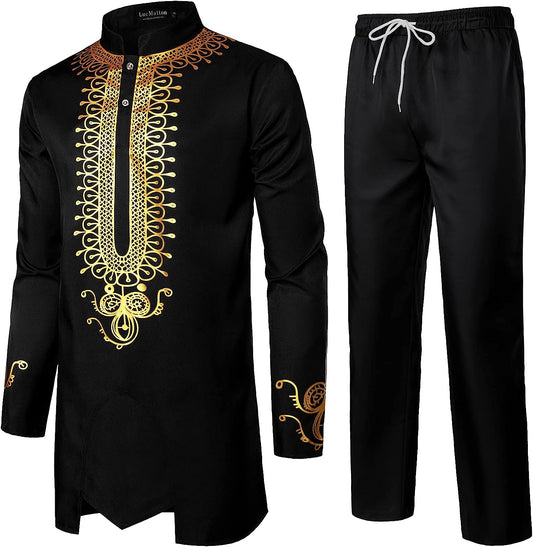 Men's 2 Piece Outfit Long Sleeve Gold Print Traditional Tunic Shirt and Pants Set Ethnic Suit