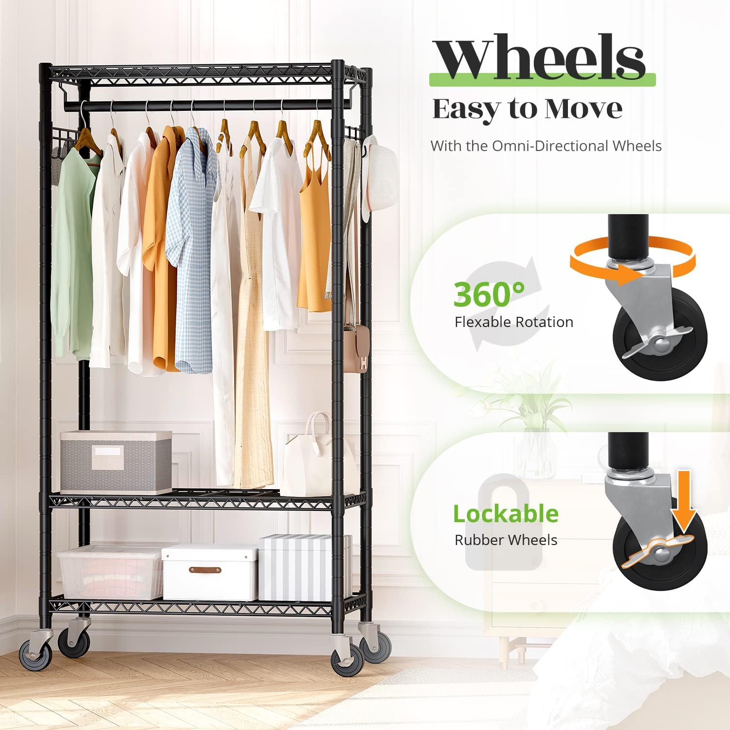 Heavy Duty Rolling Wire Garment Rack Clothes Rack with Wheels and Hooks, Adjustable Clothing Rack with 4 Tier Shelves, Portable Freestanding Closet Rack for Hanging Clothes, Max Load 725LBS