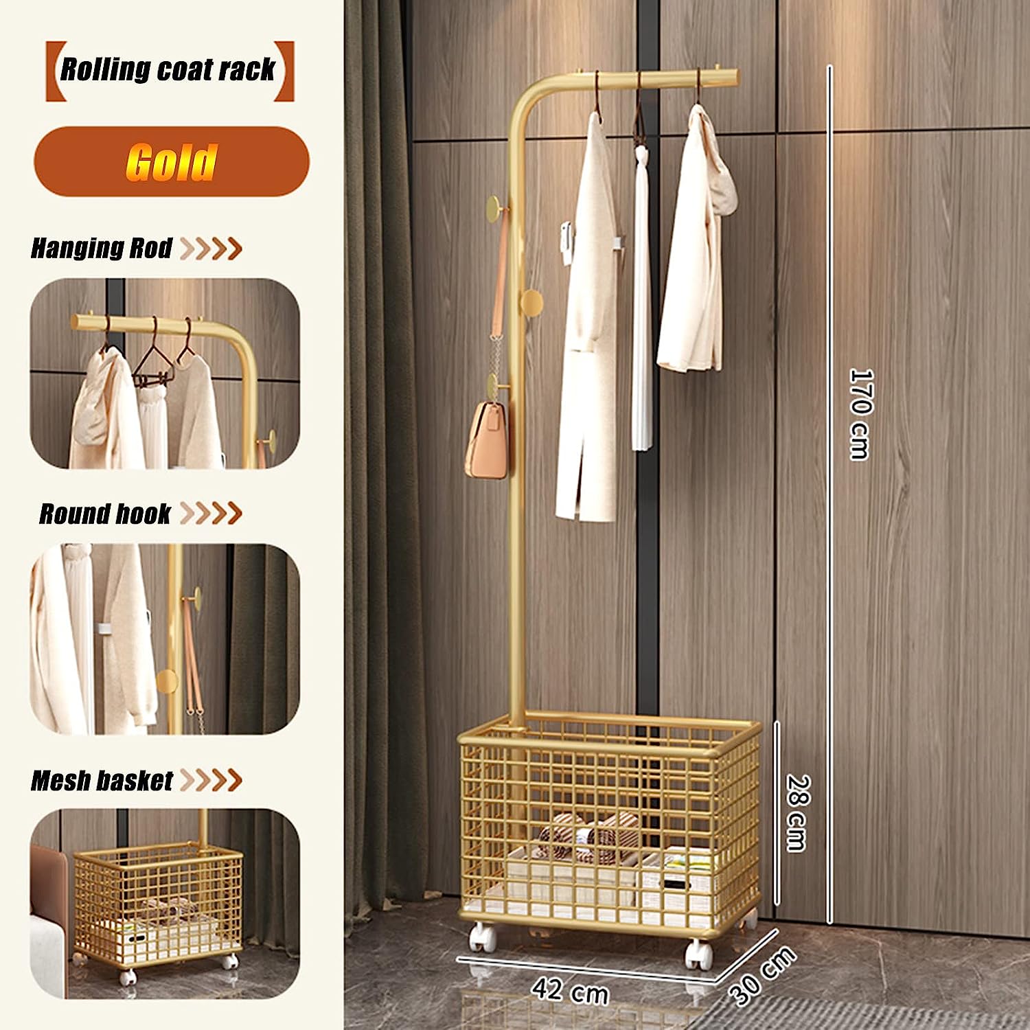 Standing Coat Rack, Rolling Garment Rack Closet Organizer, Entryway Hanging Clothes Rail with 3 Hooks and Storage Baskets, 42x30x170 cm(Color:Gold)