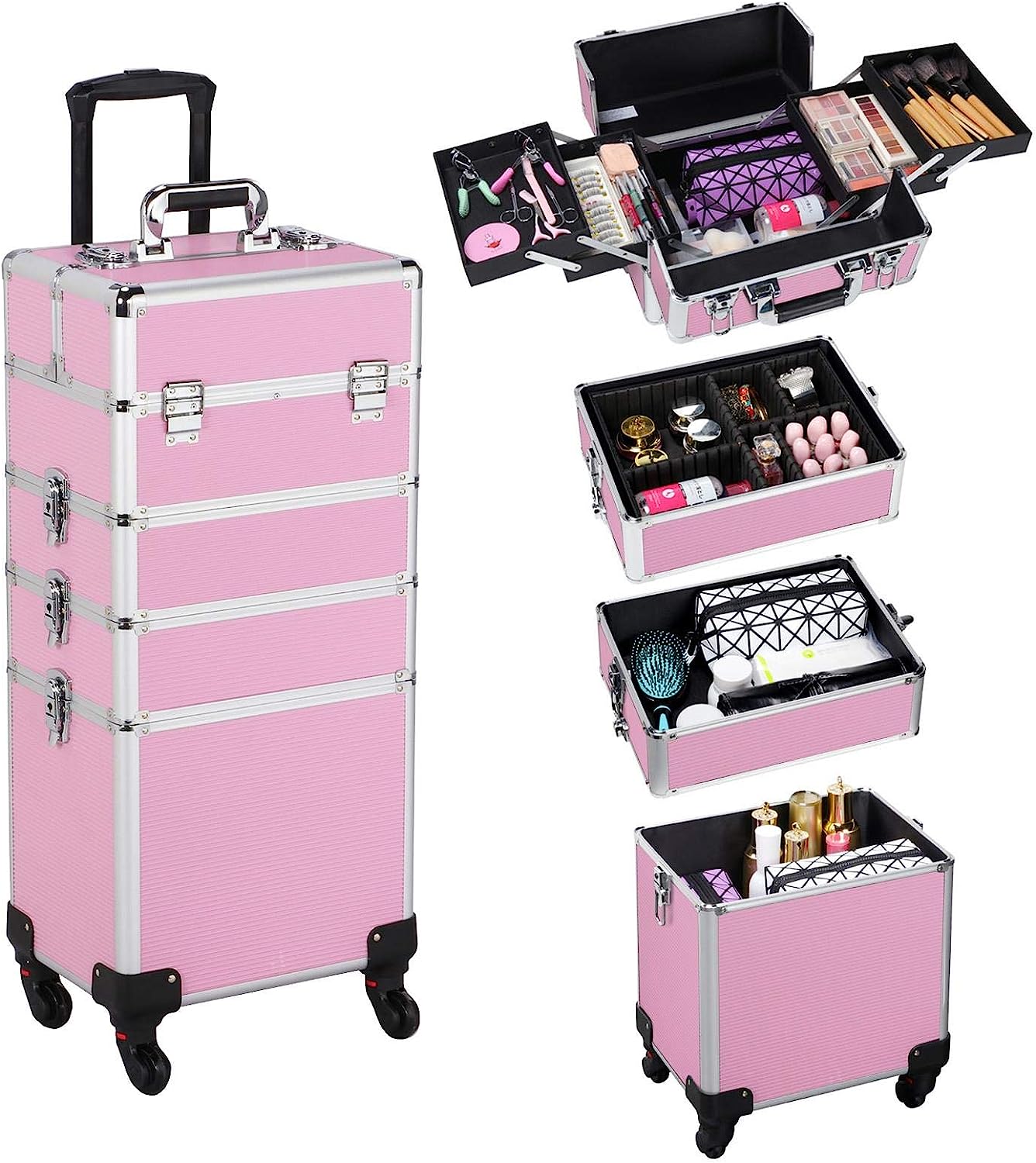 4 in 1 Professional Makeup Rolling Case, Large Aluminum Cosmetic Train Case, Makeup Tavel Case Travel Beauty Organizer - Pink - with Removeable Wheels