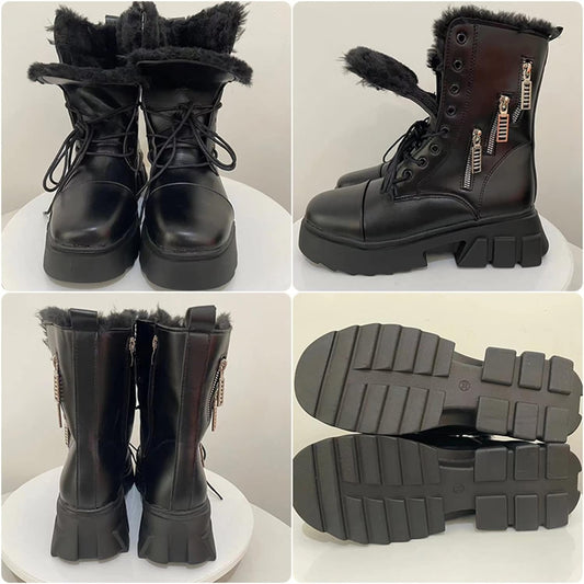 Boots for Women, Women Winter Ankle Boots PU Leather Warm Plush Snow Boots Female Height Increase Shoes Woman Zip Chunky Platform Booties (Color : Black, Size : 7.5 UK)