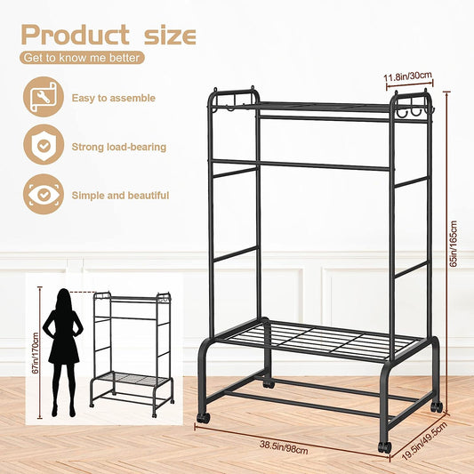 Clothing Racks on Wheels for Hanging Clothes with Coat Hook, Upgrade Heavy Duty Rolling Rack for Clothes Organizer, Freestanding Double Rod Metal Garment Rack with Shelves(Black)…