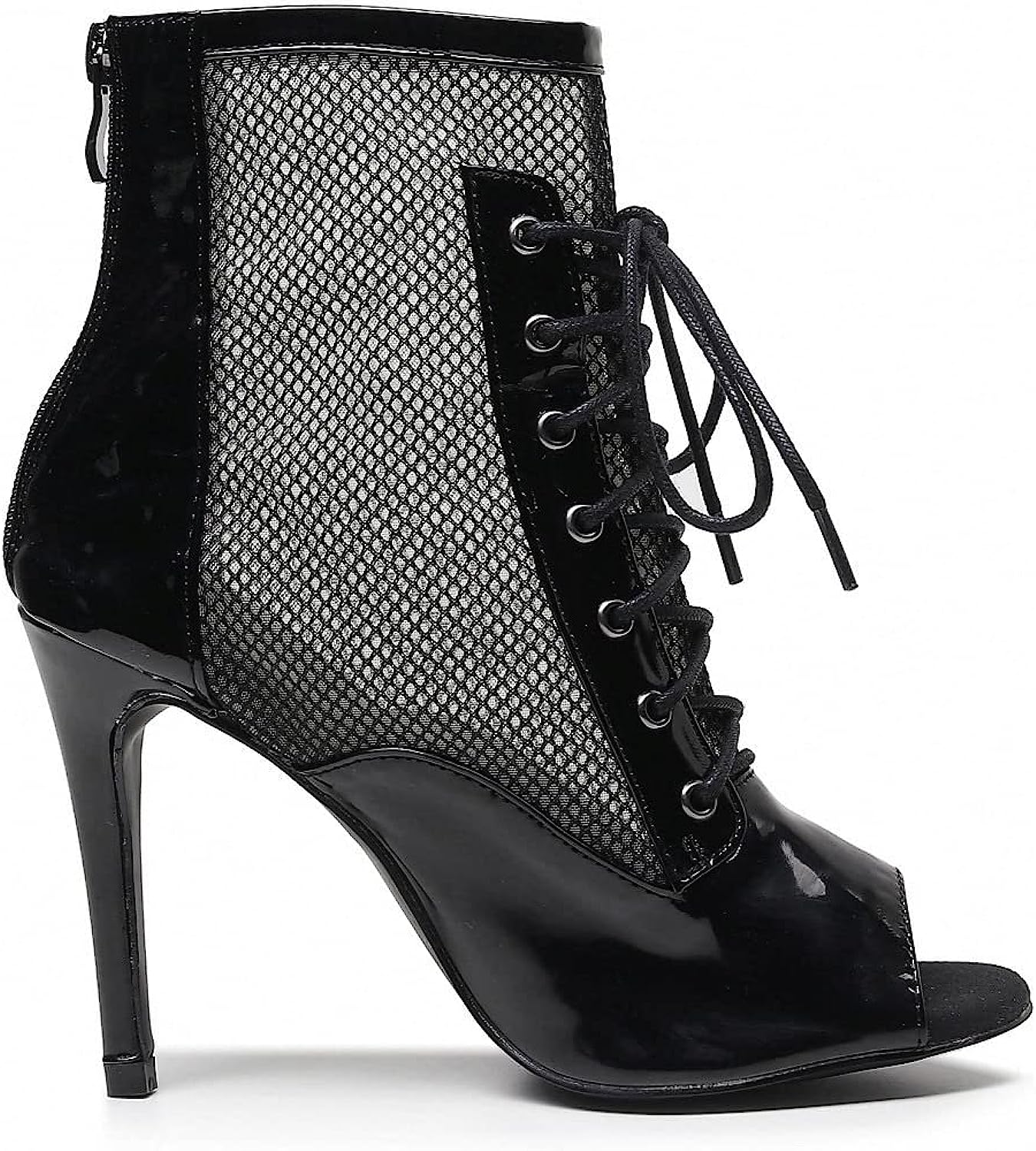 Lace up Open Toe 3.5 inch high Heels Patent Black Dance Shoe Bootie with mesh for Heels and Latin Dance, Size 4-15