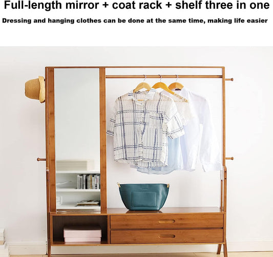 Floor-to-Ceiling Full-Length Mirror Coat Rack, Coat Rack Mirror Multifunctional Coat Hanger with Two Tiers of Drawers and Mirror