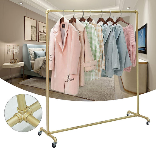 Standard Clothing Garment Rack, Industrial Pipe Clothing Rack Commercial Grade Clothing Garment Racks Clothes Rack with Wheels, Industrial Pipe Clothing Rack Freestanding Hanger, Golden