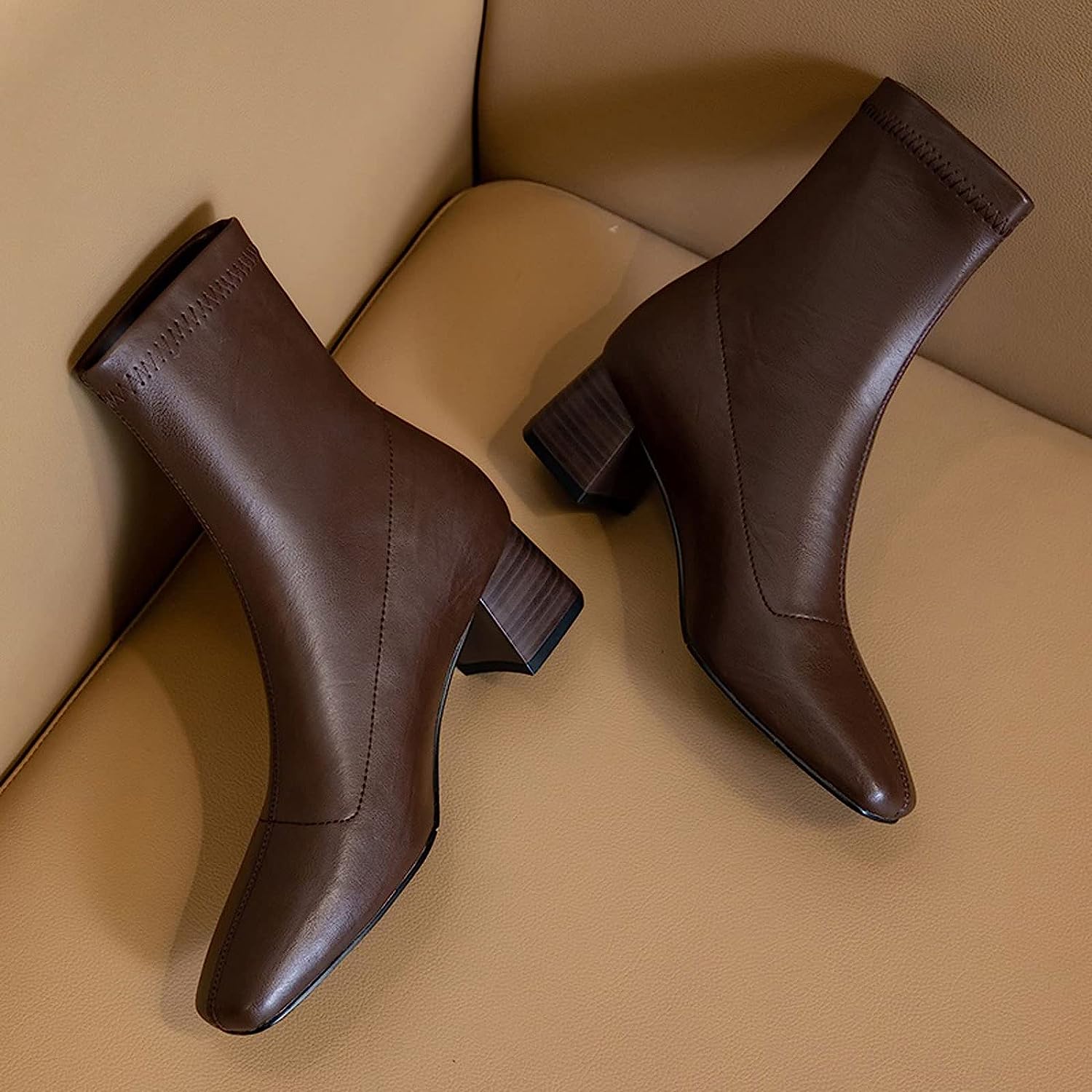 Boots for Women, Genuine Leather Winter Warm Women Short Ankle Boots Square Toe High Heels Dancing Shoes (Color : Auburn, Size : 3)