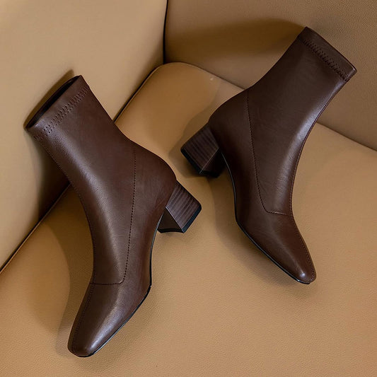 Women Boots， Genuine Leather Winter Warm Women Short Ankle Boots Square Toe High Heels Dancing Shoes