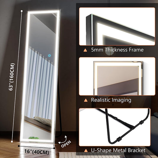 Full Length Mirror with LED Lights, Free Standing Floor Mirror, Full Body Lighted Mirror, Wall Mounted Hanging Mirror w/Dimming & 3 Color Lighting for Bedroom (63"x16", Black)