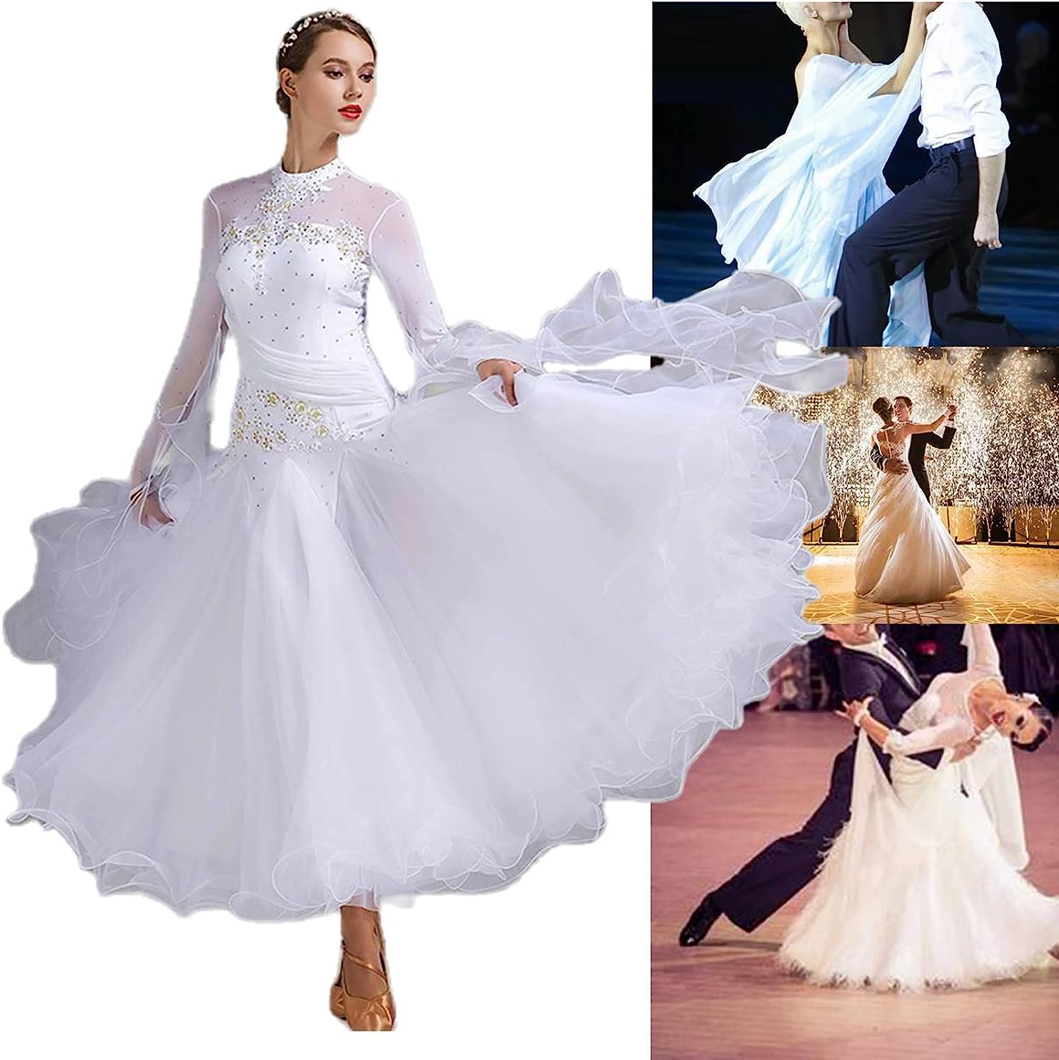 Women Multi Colors Diamond-Mounted Exquisite Decals Luminous Foxtrot Waltz Competition Standard Ballroom Dress