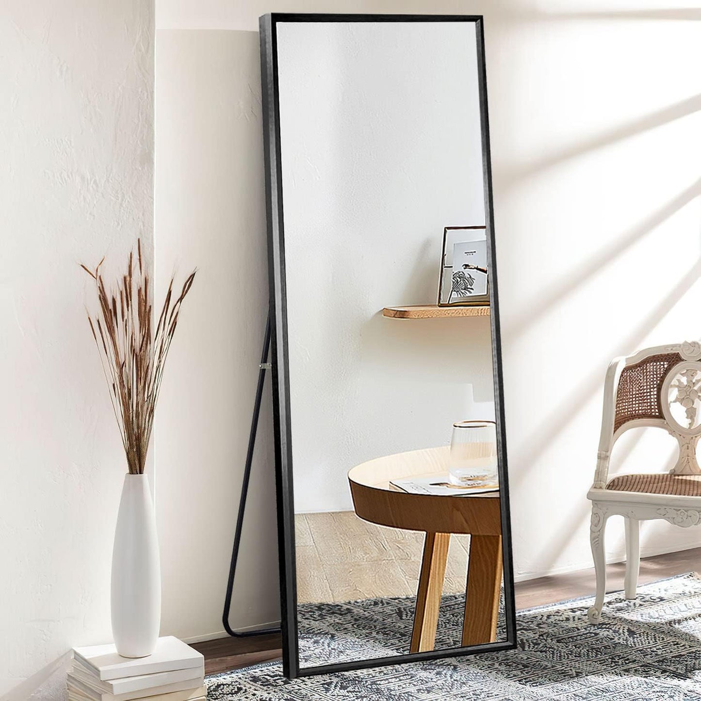 Full Length Mirror, Floor Mirror, Standing Hanging or Leaning Against Wall, Dressing and Wall-Mounted Mirror, Big Mirror for Bedroom Living Room Aluminum Alloy Frame (64"x21", Elegant Black)