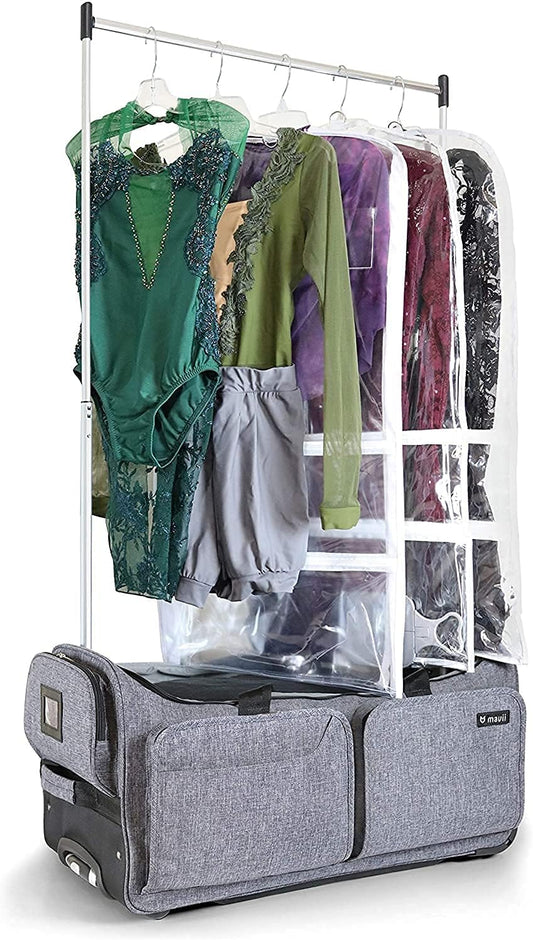 Garment Rack Duffel-Wheeled 28 Inch Collapsible Bag, Travel Costume Rack Rolling Upright Luggage, Grey