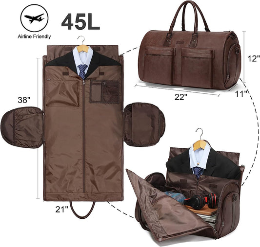Convertible Leather Garment Bag, Carry on Garment Bags for Travel Waterproof Garment Duffel Bag Gifts for Men Women Business - 2 in 1 Hanging Suitcase Suit Travel Bags in Brown